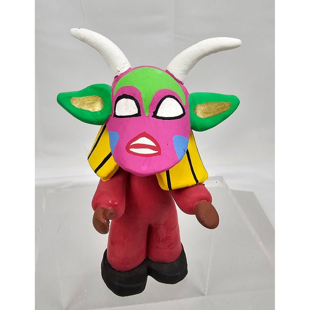 Handmade Clay Masked Horned Figurine Multicolor Folk Art Sculpture 5 Inch